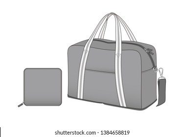 Gray duffle bag with removable shoulder strap, sports gym bag with stripe handle and front pocket, spare bag, vector illustration sketch template isolated on white background