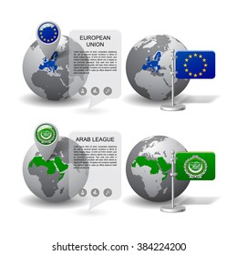 Gray Earth globes with designation of European Union and Arab League countries location, with map markers and flags. Vector illustration