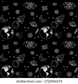 Gray earth, moon, satellites and rocket among different planets, galaxies and stars on a black. Vector seamless pattern for kids wallpaper, wrapping paper, packaging, printing on clothes and fabric