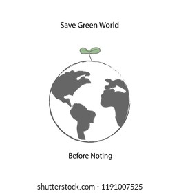Gray Earth with small green grass on the top picture doodle vector illustration show will save the green world before noting.
