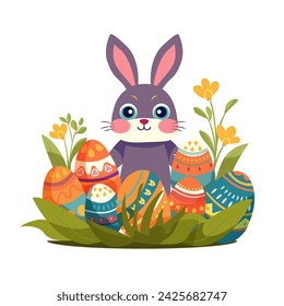 Gray Easter bunny, bushes and painted eggs Vector illustration on white background