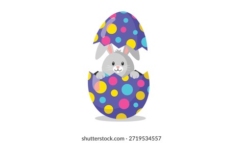 Gray Easter bunny character popping out of a colorful cracked egg shell with vibrant polka dots on a clean white background.