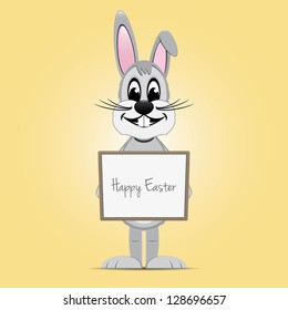 gray easter bunny hold signboard yellow background