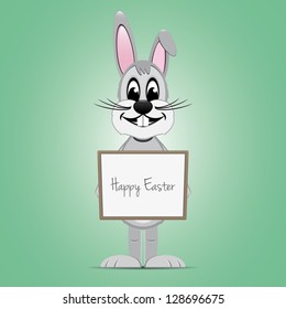 gray easter bunny hold signboard green background