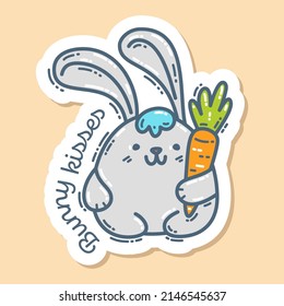 Gray Easter rabbit with the carrot and lettering Bunny kisses, hand-drawn doodle sticker. Cute colorful symbol and element