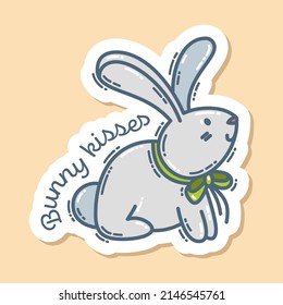 Gray Easter rabbit and lettering Bunny kisses, hand-drawn doodle sticker. Cute colorful symbol and element