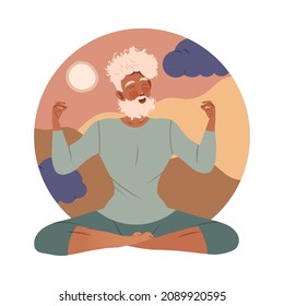 Gray elderly man meditating in Lotus pose. Man practicing yoga and breathing exercise cartoon vector illustration