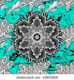 Gray element on blue background. Gold blue floral ornament in baroque style. Damask background. Gray floral wallpaper. Pattern.