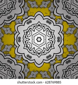 Gray element on yellow background. Vector illustration for invitations, cards, certificate, web page. Eastern style element. Vector line art border for design template. Gray outline floral decor.