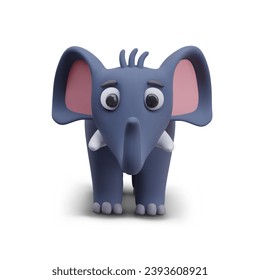 Gray elephant with big eyes. Vector kawaii character, front view. Wild animal with trunk. Vector 3D creature, isolated image. Template for kids web design