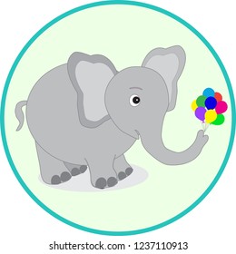 Gray elephant with colorful balls on a light background. Use for baby fabrics, badges.
