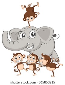 Gray elephant and four little monkeys illustration