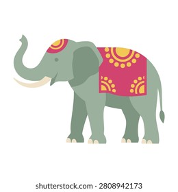A gray elephant with a long trunk and tusks adorned with pink and yellow designs on its body and head