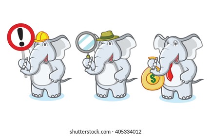 Gray Elephant Mascot with money, sign and magnifying