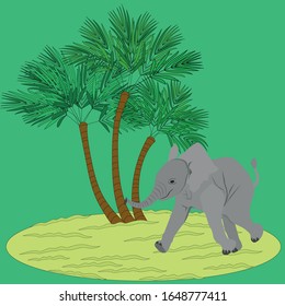 Gray elephant on an island or beach with yellow sand and palm trees, a little elephant runs, vector hand-drawn flat illustration