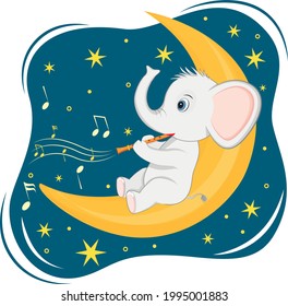 Un elefante gris se sienta en la luna tocando la flauta. Fondo del cielo azul con estrellas. Ilustración vectorial.