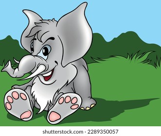 Gray Elephant Sitting on the Ground - Colored Cartoon Illustration with Background, Vector
