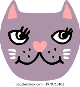 Gray face of friendly domestic cat smiles at children. Flat vector illustration of pet head. Big-eyed kitty muzzle with pink heart-shaped nose, small whiskers. Cute clipart for creating baby designs.