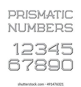 Gray faceted numbers. Prismatic retro font. Isolated figures.