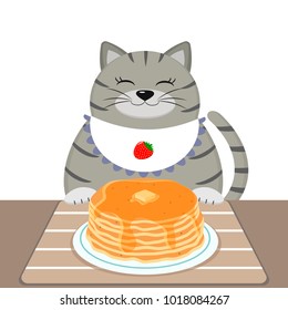 A gray fat cat in a bib also sits at a table and eats pancakes.
