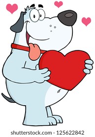 Gray Fat Dog Holding Up A Red Heart