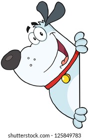 Gray Fat Dog Looking Around A Blank Sign