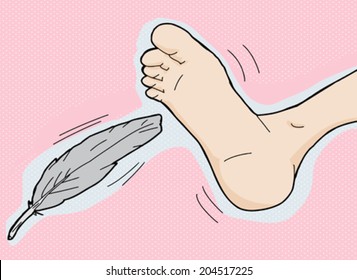 Gray feather tickling bottom of foot on pink background