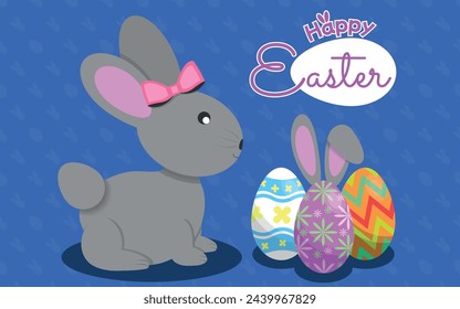 Ilustración plana gris del conejo femenino con los huevos de Pascua y el logotipo feliz de Pascua Mensaje