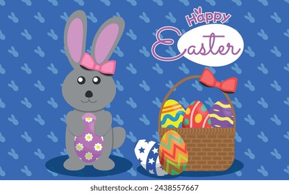 Conejo hembra gris sosteniendo un huevo de Pascua ilustración plana con la cesta de huevos de Pascua y feliz logotipo de Pascua Mensaje
