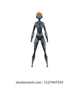 Gray female robot space suit, superhero, cyborg costume, back view vector Illustration on a white background