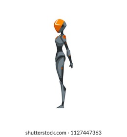 Gray female robot space suit, superhero, cyborg costume, side view vector Illustration isolated on a white background