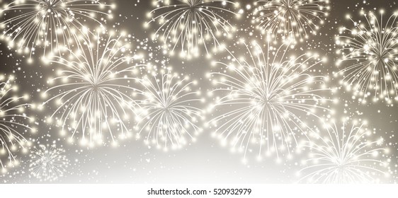 Gray festive luminous banner with fireworks. Vector illustration.