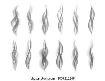 Gray fire  smoke isolated on white  background. Dark steam.  Realistic  black smog vector texture.
