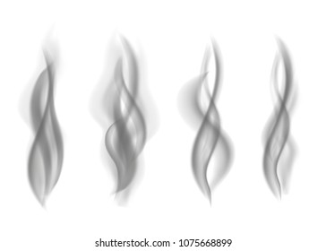Gray  fire smoke isolated on white  background. Dark steam.  Realistic  smog vector texture.