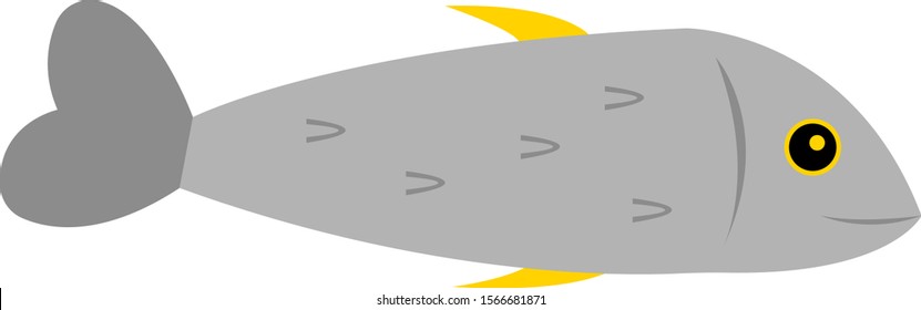 gray fish with bright orange fins object on a white background cartoon character for design animal and fishing concept