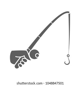 gray fishing rod silhouette. concept of relaxation, tourism, ocean fishing, spinnerbait, spoon-bait, hunting. isolated on white background. flat style trend modern logo design vector illustration