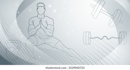 Gray fitness themed background. Stylized illustration of a person sitting in a meditative pose with their hands clasped together, surrounded by various exercise equipment such as dumbbells.