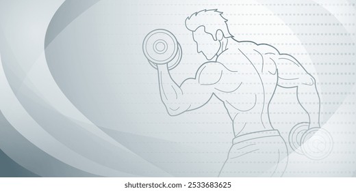 Fondo temático de fitness gris. Ilustración estilizada de silueta de una persona masculina levantando pesas con ambas manos, colocada sobre un fondo texturizado.