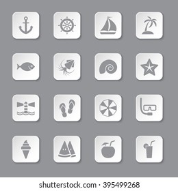 gray flat beach and summer icon set on rounded rectangle button for web design, user interface (UI), infographic and mobile application (apps)