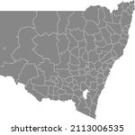 Gray flat blank vector administrative map of the local government areas of Australian state of NEW SOUTH WALES, AUSTRALIA with white border lines of its areas