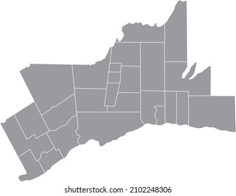 Gray flat blank vector administrative map of the municipalities of GREATER TORONTO AREA, ONTARIO, CANADA with white border lines of its municipalities