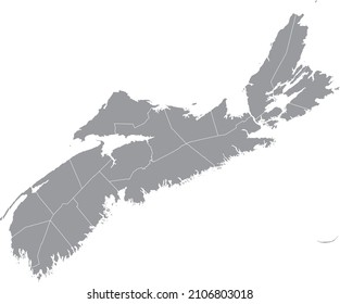 Gray flat blank vector administrative map of counties of Canadian province of NOVA SCOTIA, CANADA with white border lines of its counties