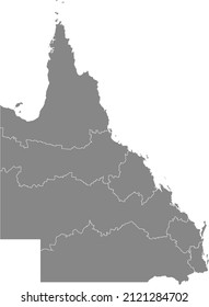 Gray flat blank vector administrative map of regions of the Australian state of QUEENSLAND, AUSTRALIA with white border lines of its regions