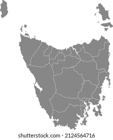 Gray flat blank vector administrative map of local government areas of the Australian state of TASMANIA, AUSTRALIA with white border lines of its areas