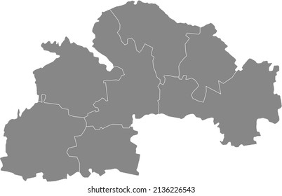 Gray flat blank vector map of raion areas of the  Ukrainian administrative area of DNIPROPETROVSK (SICHESLAV) OBLAST, UKRAINE with white  border lines of its raions