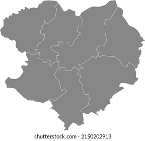 Gray flat blank vector map of raion areas of the  Ukrainian administrative area of KHARKIV OBLAST, UKRAINE with white  border lines of its raions