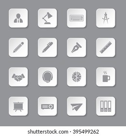 gray flat business and office icon set on rounded rectangle button for web design, user interface (UI), infographic and mobile application (apps)