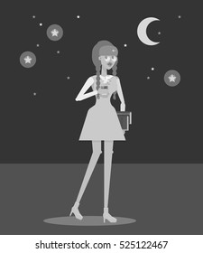 Gray Flat cartoon student character, irritated people girl in glasses and mint dress with books, coffee cup in hand. Night owl, do not sleep at night, hard session, study, hard work, night work.