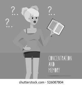 Gray Flat cartoon student character irritated people. Confusing girl holding book, discouraged, can't concentrate, can't understand that reading. Stress, fatigue, depression, hard session, hard work