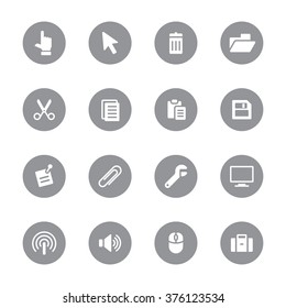 gray flat computer and technology icon set 3 on circle for web design, user interface (UI), infographic and mobile application (apps)